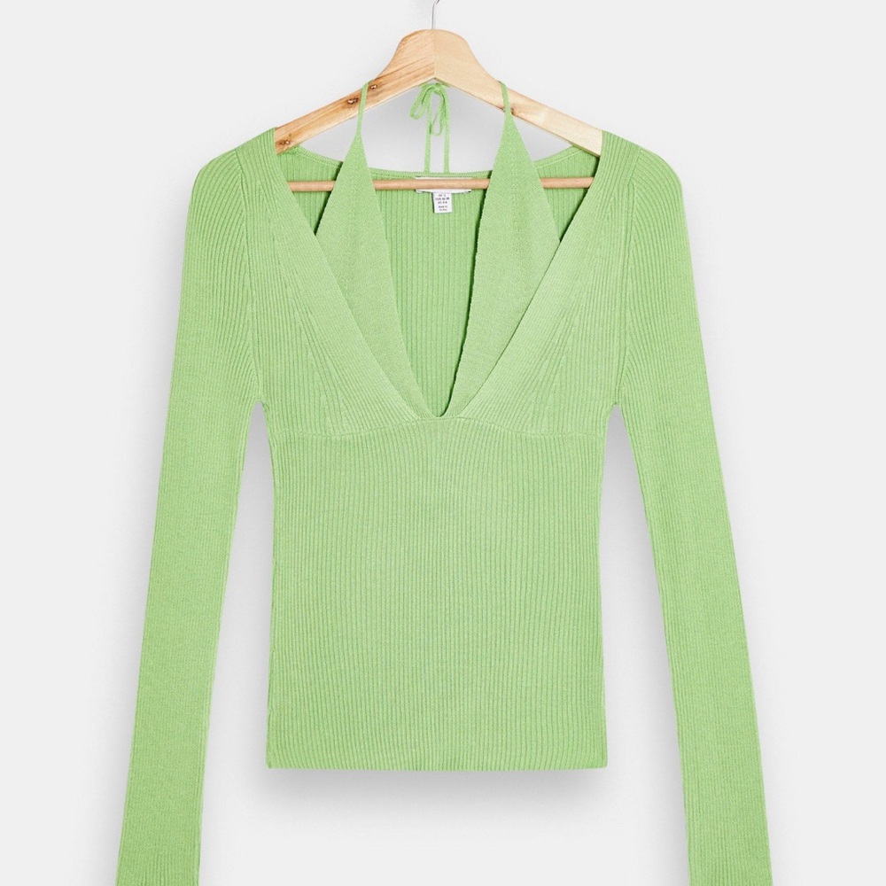 Topshop Light Green Knit V-Neck Top